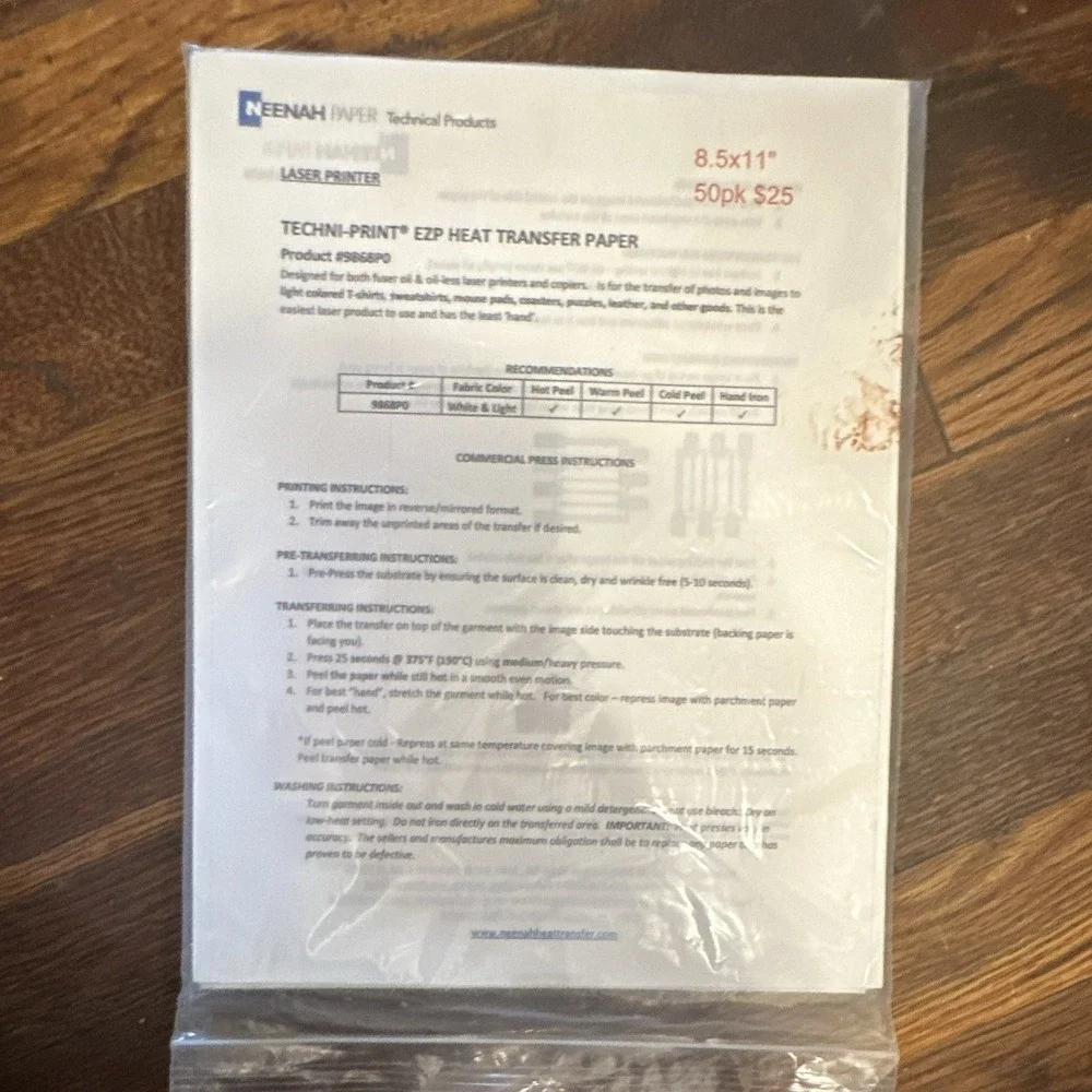 Neenah Paper TECHNI-PRINT EZP Heat Transfer Paper Laser 8.5x11 50pk 9868P0